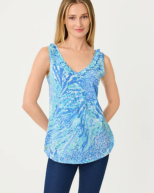 Lilly Pulitzer Gigi Ruffle Tank Top Blue Haven Hey Hey Soleil