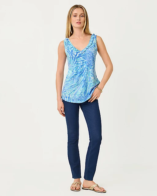 Lilly Pulitzer Gigi Ruffle Tank Top Blue Haven Hey Hey Soleil