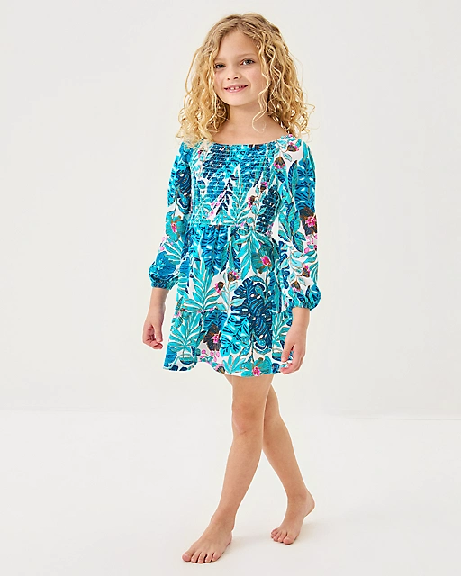 Lilly Pulitzer Girls Mini Jilly Long Sleeve Dress Breezy Aqua Best Fronds Forever