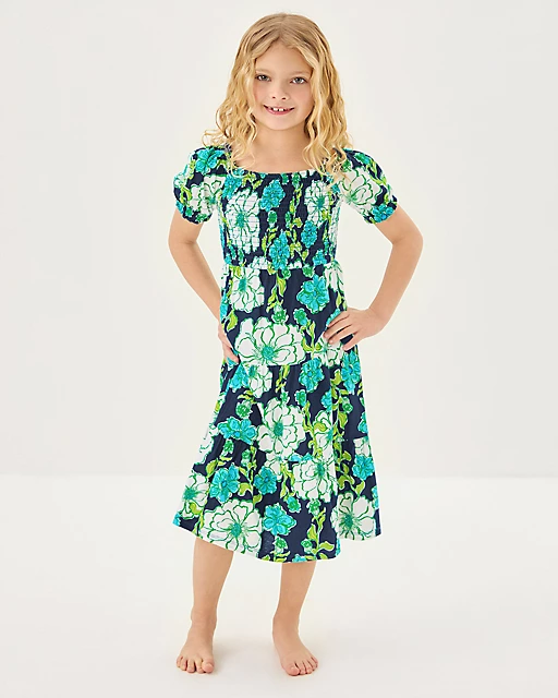 Lilly Pulitzer Girls Mini Jilly Sleeved Midi Dress Low Tide Navy Go Big