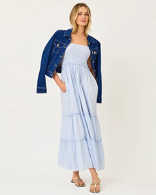 Lilly Pulitzer Hadly Smocked Maxi Dress Jacaranda Blue Ltwt Oxford Stripe