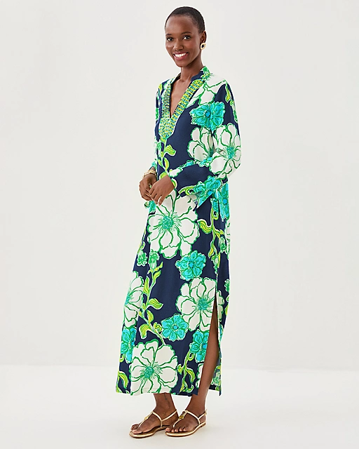 Lilly Pulitzer Irella Maxi Caftan Dress Low Tide Navy Oversized Go Big