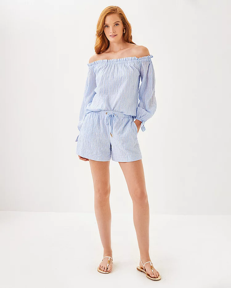 lilly pulitzer Jamielynn Off-the-Shoulder Top & Croix High Rise Short Jacaranda Blue Ltwt Oxford Stripe