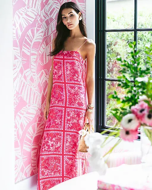 lilly pulitzer Jesslyn Silk Maxi Slip Dress Sun Shell Pink Big Party Engineered Woven Maxi