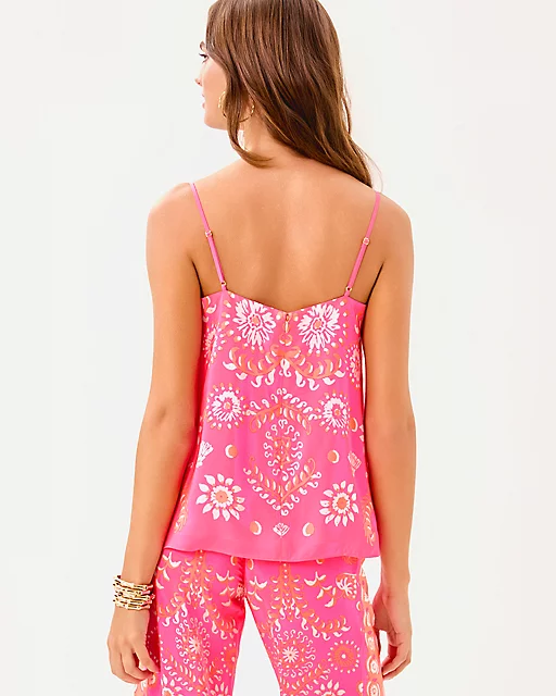 Lilly Pulitzer Jesslyn Silk Top Sunkissed Pink Breezy Palm Engineered Woven Top