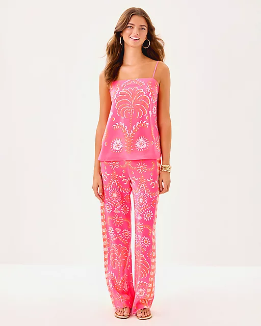 Lilly Pulitzer Jesslyn Silk Top Sunkissed Pink Breezy Palm Engineered Woven Top