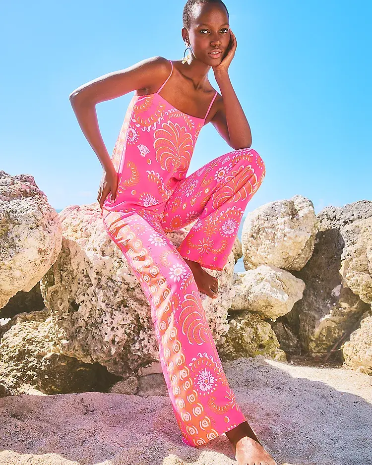 lilly pulitzer Jesslyn Top & Vianna Silk Pant Set Sunkissed Pink Breezy Palm Engineered Woven Top