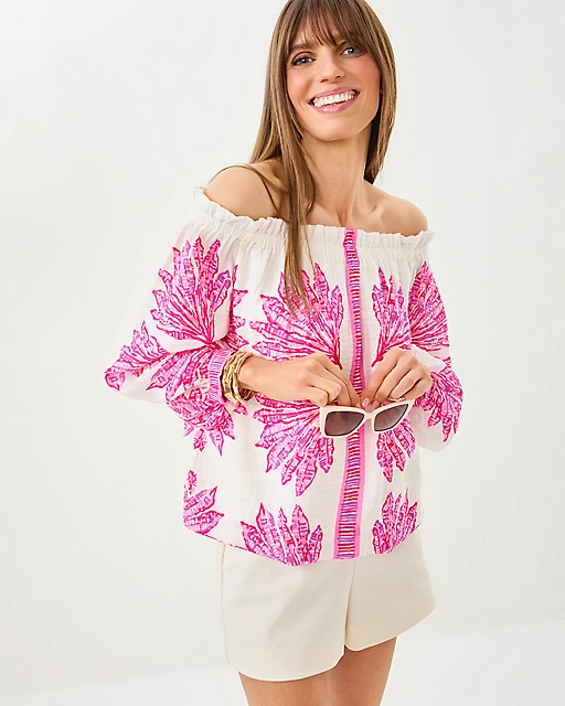 Lilly Pulitzer Kalinda Off-the-Shoulder Top Pink Bliss Shady Babe Engineered Woven Top