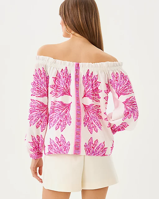 Lilly Pulitzer Kalinda Off-the-Shoulder Top Pink Bliss Shady Babe Engineered Woven Top