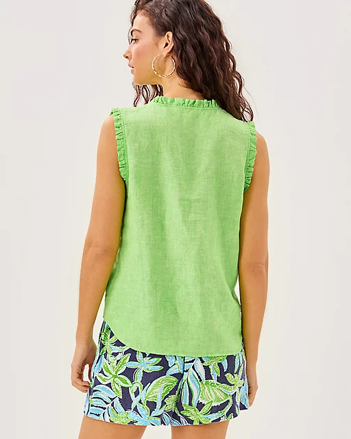Lilly Pulitzer Kavalla Sleeveless Ruffle Top Crocodile Green X Resort White