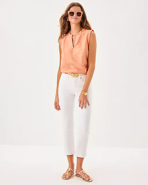 Lilly Pulitzer Kavalla Sleeveless Ruffle Top Papaya X Resort White