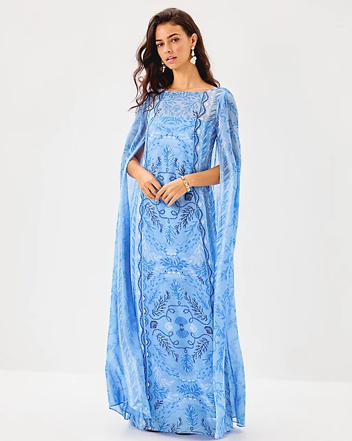 Lilly Pulitzer Kingston Silk Maxi Caftan Jacaranda Blue Knotty And Nice Engineered Woven Maxi