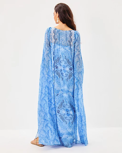 Lilly Pulitzer Kingston Silk Maxi Caftan Jacaranda Blue Knotty And Nice Engineered Woven Maxi