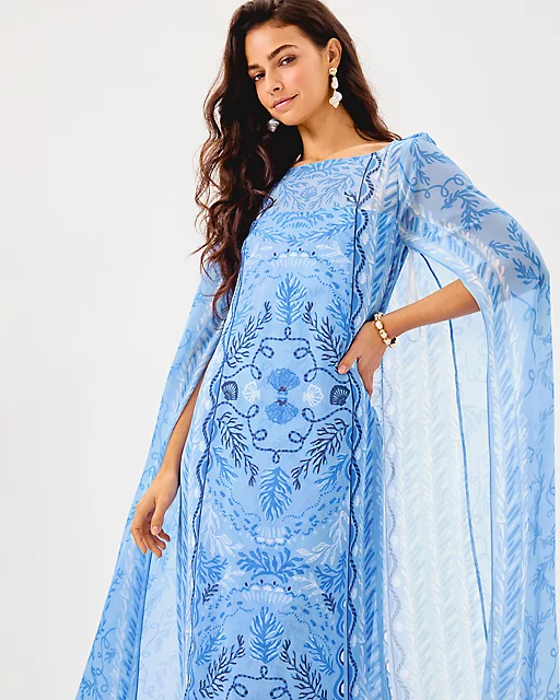 Lilly Pulitzer Kingston Silk Maxi Caftan Jacaranda Blue Knotty And Nice Engineered Woven Maxi