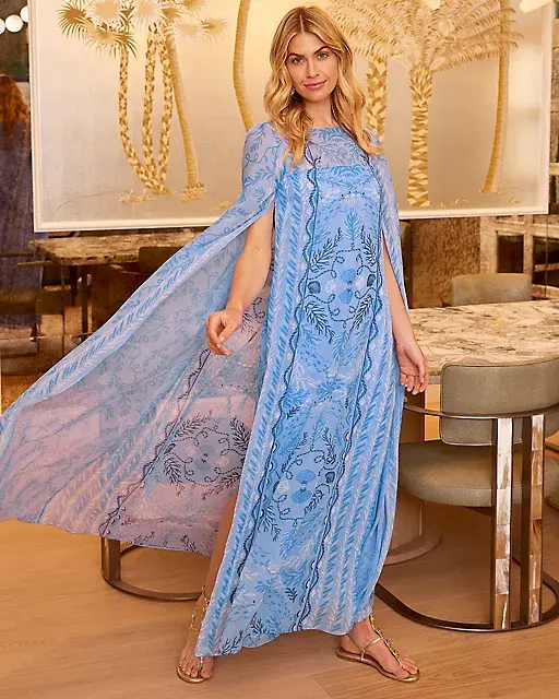 lilly pulitzer Kingston Silk Maxi Caftan Jacaranda Blue Knotty And Nice Engineered Woven Maxi
