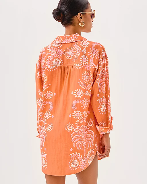 Lilly Pulitzer Kwitney Long Sleeve Cotton Cover-Up Papaya Breezy Palm Engineered Coverup