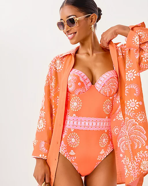 Lilly Pulitzer Kwitney Long Sleeve Cotton Cover-Up Papaya Breezy Palm Engineered Coverup