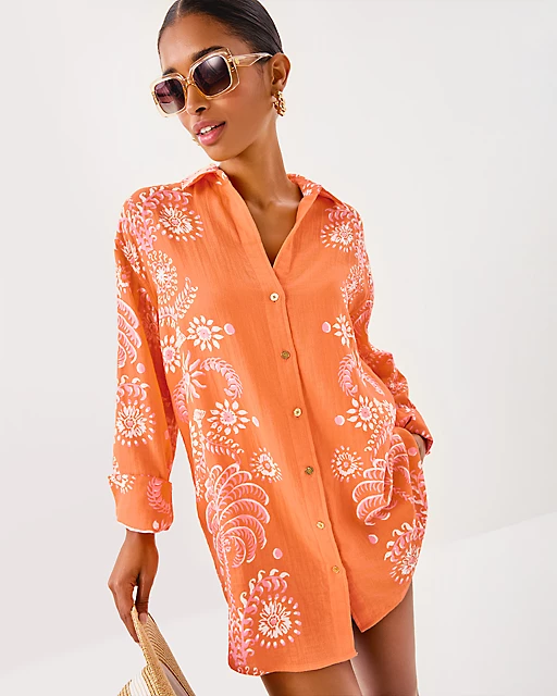 lilly pulitzer Kwitney Long Sleeve Cotton Cover-Up Papaya Breezy Palm Engineered Coverup