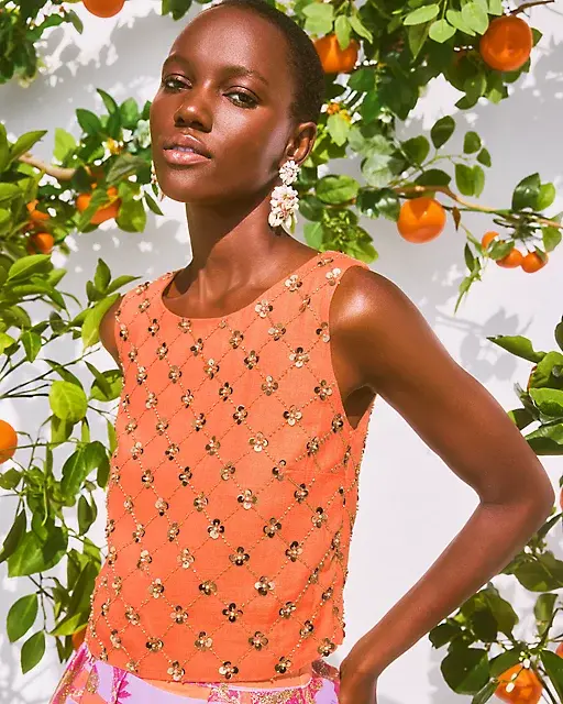 lilly pulitzer Lathan Sleeveless Beaded Cropped Top Papaya Beaded Sequin Embellished Sequin Blend