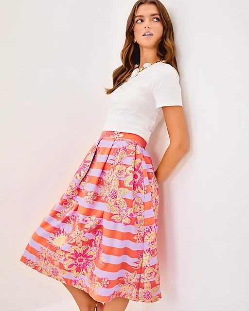 Lilly Pulitzer Lauderdale Midi Skirt Papaya Metallic Floral Stripe Jacquard