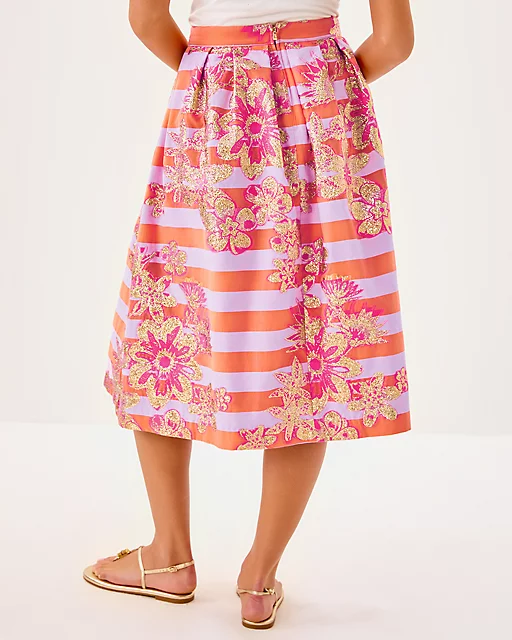 Lilly Pulitzer Lauderdale Midi Skirt Papaya Metallic Floral Stripe Jacquard