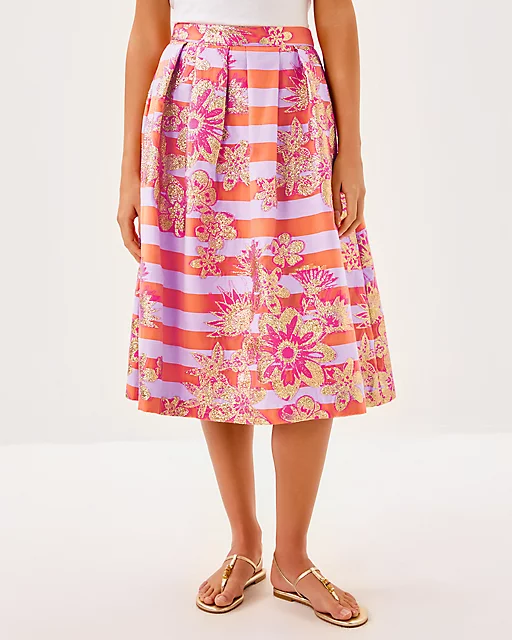 Lilly Pulitzer Lauderdale Midi Skirt Papaya Metallic Floral Stripe Jacquard