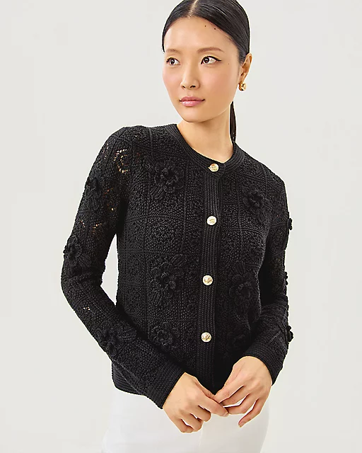 Lilly Pulitzer Lenalie Cardigan & Shell Sweater Set Black Metallic Garden Crochet