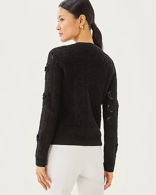 Lilly Pulitzer Lenalie Cardigan & Shell Sweater Set Black Metallic Garden Crochet