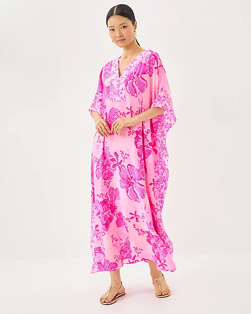 Lilly Pulitzer Levy V-Neck Silk Maxi Caftan Parigi Pink Supporting Squad Engineered Woven Dress