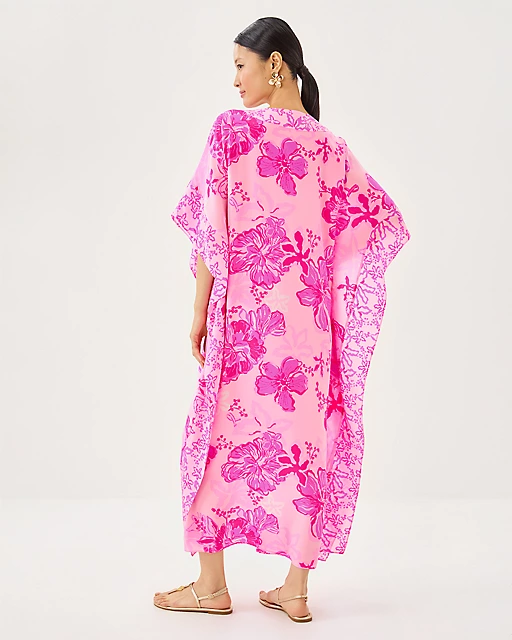 Lilly Pulitzer Levy V-Neck Silk Maxi Caftan Parigi Pink Supporting Squad Engineered Woven Dress