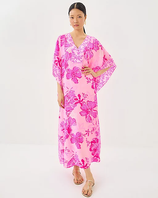 Lilly Pulitzer Levy V-Neck Silk Maxi Caftan Parigi Pink Supporting Squad Engineered Woven Dress