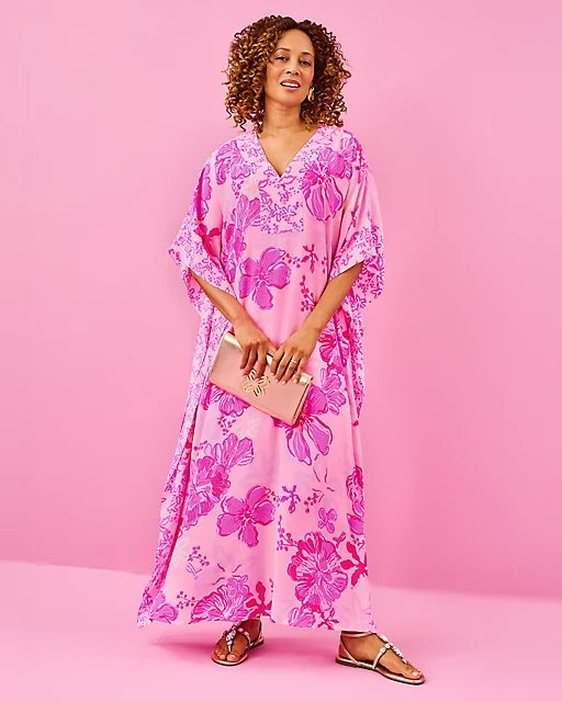 lilly pulitzer Levy V-Neck Silk Maxi Caftan Parigi Pink Supporting Squad Engineered Woven Dress