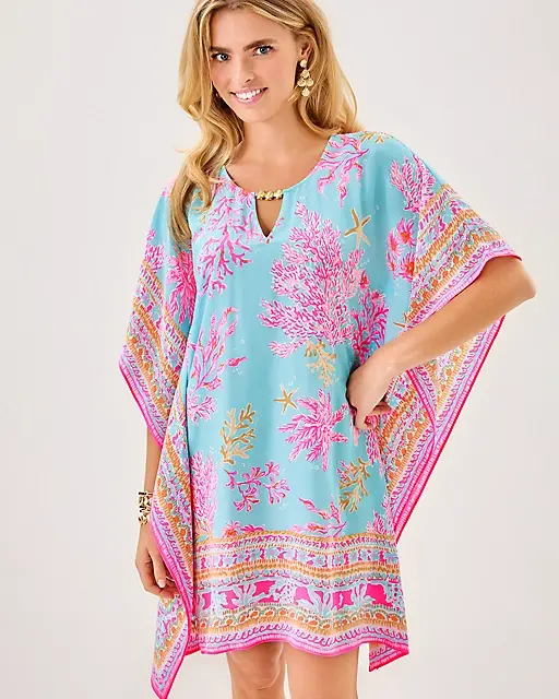 Lilly Pulitzer Lindamarie Silk Caftan Multi Royal Coral Engineered Woven Caftan
