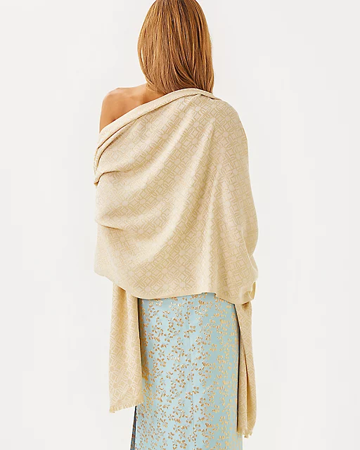 Lilly Pulitzer Logo Jacquard Wrap Wicker Tan X Coconut Butterfly Pattern Scarf