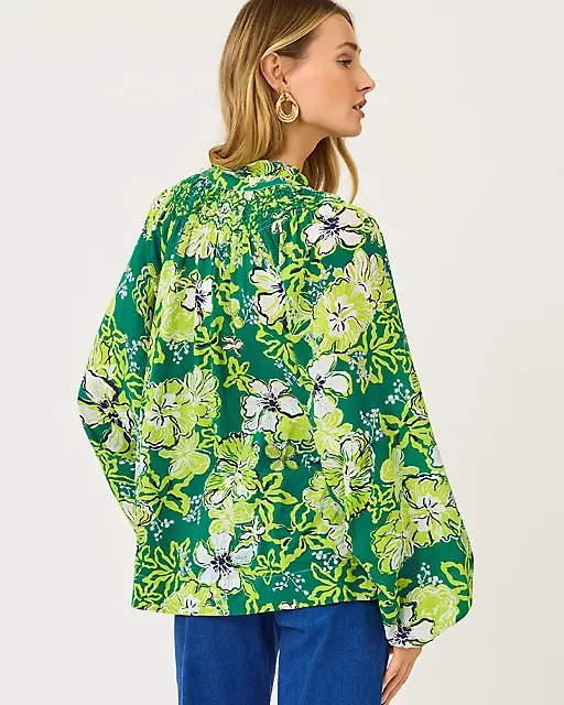 Lilly Pulitzer Lourdes Long Sleeve Top Fiddle Leaf Green Once And Floral