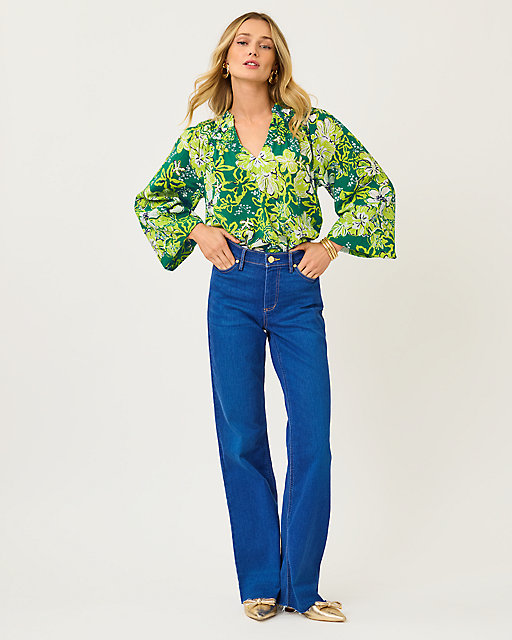 Lilly Pulitzer Lourdes Long Sleeve Top Fiddle Leaf Green Once And Floral