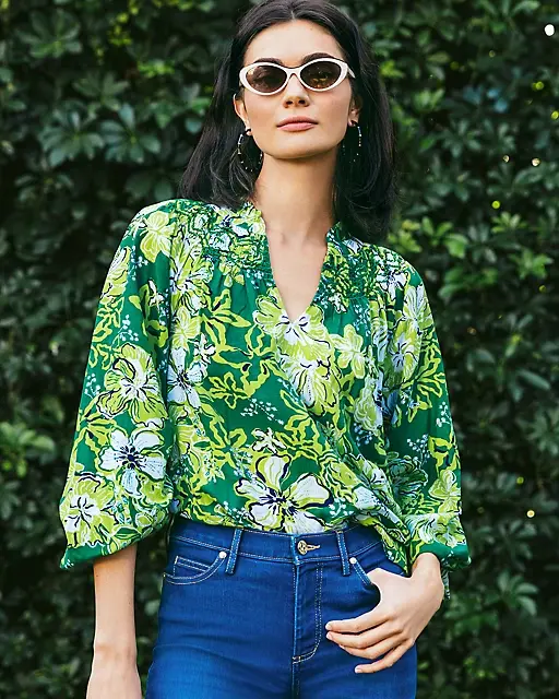 lilly pulitzer Lourdes Long Sleeve Top Fiddle Leaf Green Once And Floral