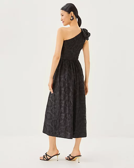 Lilly Pulitzer Lynsi One-Shoulder Midi Dress Noir Sunset Bloom Embroidered Organza