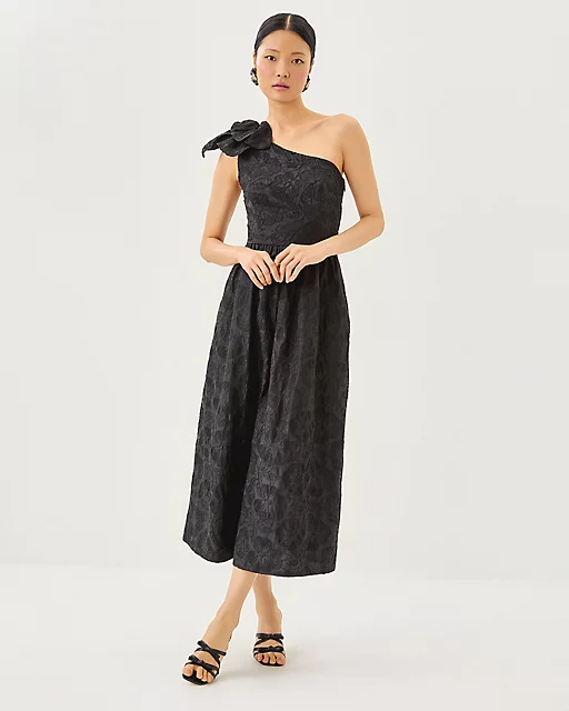 Lilly Pulitzer Lynsi One-Shoulder Midi Dress Noir Sunset Bloom Embroidered Organza