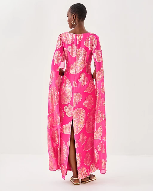 Lilly Pulitzer Madelyn Silk Boat Neck Maxi Caftan Parigi Pink Shes So Fly Metallic Clip