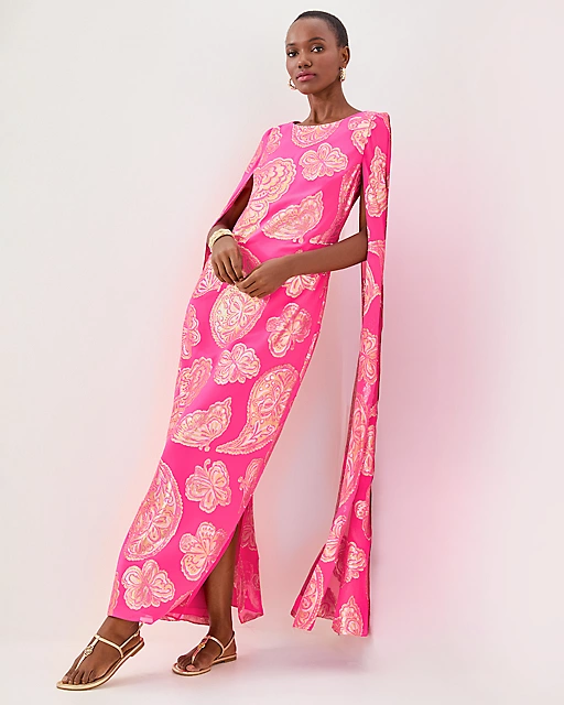 Lilly Pulitzer Madelyn Silk Boat Neck Maxi Caftan Parigi Pink Shes So Fly Metallic Clip