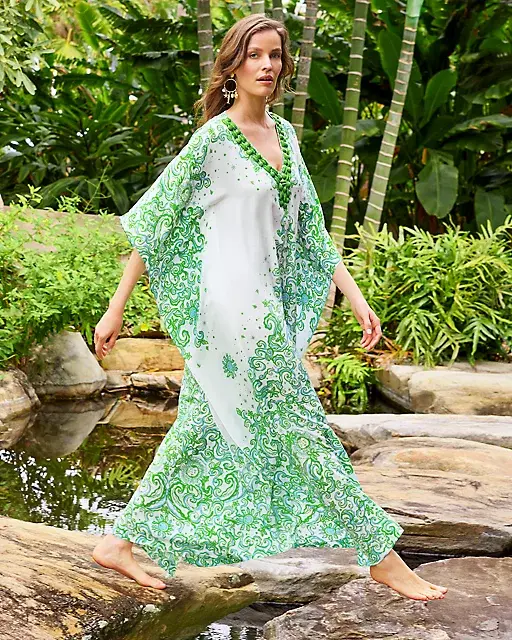 lilly pulitzer Marilla Silk Maxi Caftan Resort White Sol Mates Engineered Woven Dress