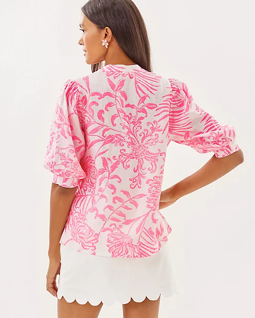 Lilly Pulitzer Mialeigh Linen Top Rousseau Pink Glisten In The Sun