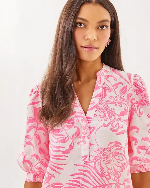 Lilly Pulitzer Mialeigh Linen Top Rousseau Pink Glisten In The Sun