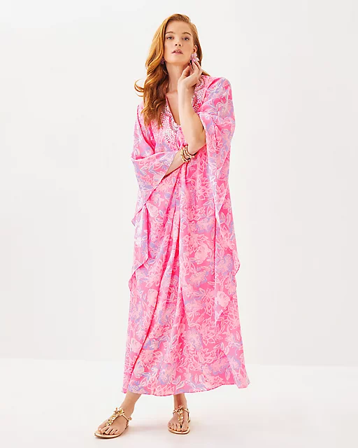 Lilly Pulitzer Mindy Beaded Silk Maxi Caftan Rousseau Pink Zen Garden