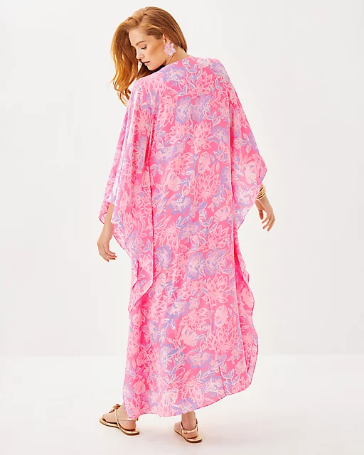 Lilly Pulitzer Mindy Beaded Silk Maxi Caftan Rousseau Pink Zen Garden