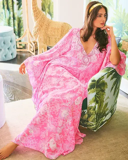 lilly pulitzer Mindy Beaded Silk Maxi Caftan Rousseau Pink Zen Garden