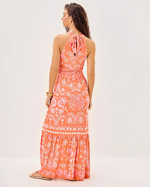 Lilly Pulitzer Montecito Halter Maxi Dress Papaya Breezy Palm Engineered Maxi Dress