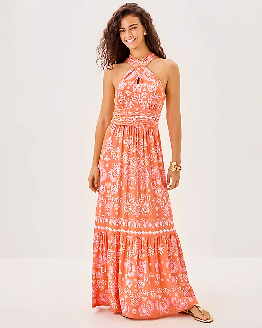 Lilly Pulitzer Montecito Halter Maxi Dress Papaya Breezy Palm Engineered Maxi Dress