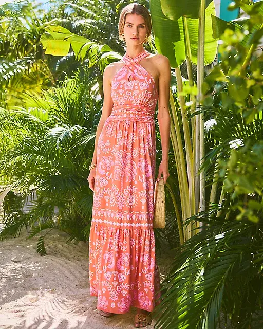 lilly pulitzer Montecito Halter Maxi Dress Papaya Breezy Palm Engineered Maxi Dress